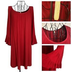 Uncle Frank Ivy Jane Red Rayon Crinkle Dress Size L Ruffle Bell Sleeve Peasant